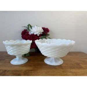 Vintage Quilted Milk Glass‎ Pedestal Compote Bowls Set MCM Holiday Wedding Decor